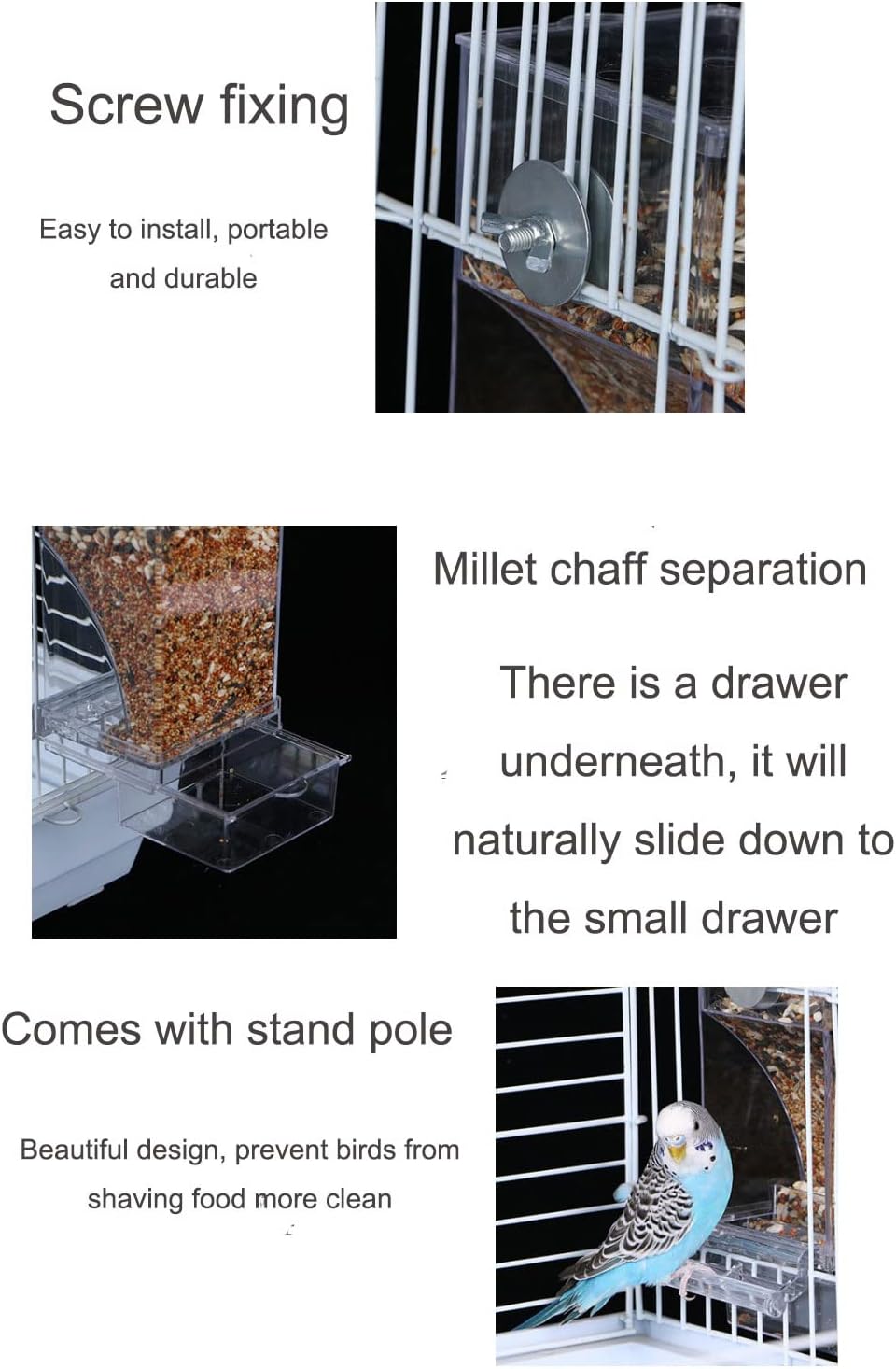 No Mess Bird Feeder,Bird Feeder for Cage,Automatic Acrylic Parakeet Feeder Cage Accessories for Small Birds Parrot Parakeets Canary Cockatiel Finch(Transparent)