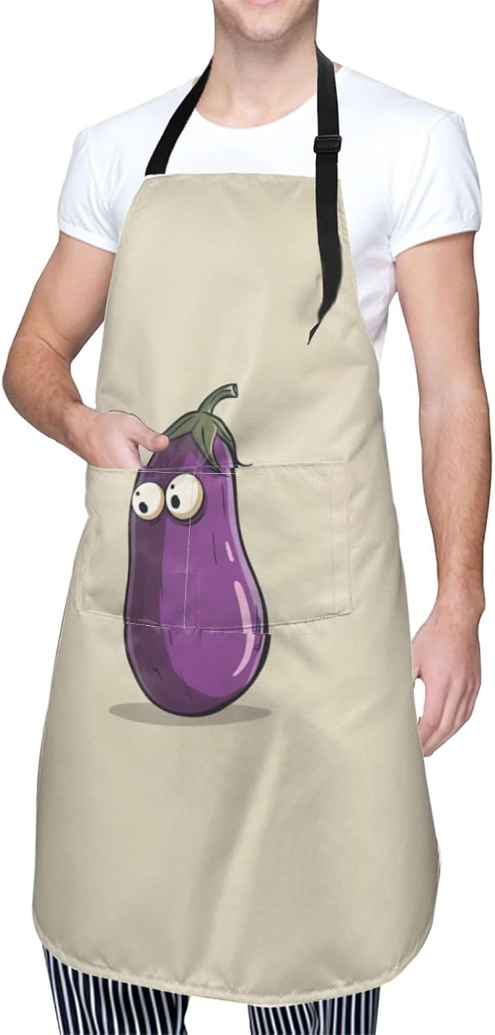 Cartoon Eggplant print Waterproof chef's apron with pocket apron for kitchen cooking baking barbecue and gardening