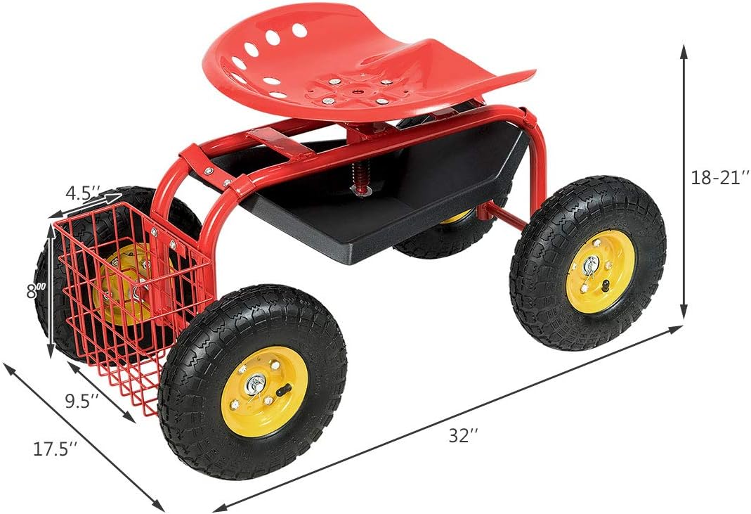 Squareful 4 Wheels Garden Cart, Patio Rolling Workseat w/Tool Tray, & Storage Basket, Outdoor Wagon Scooter for Planting, Rubber Tires & Adjustable Height for Lawn, Garden, Patio, Backyard (Red)