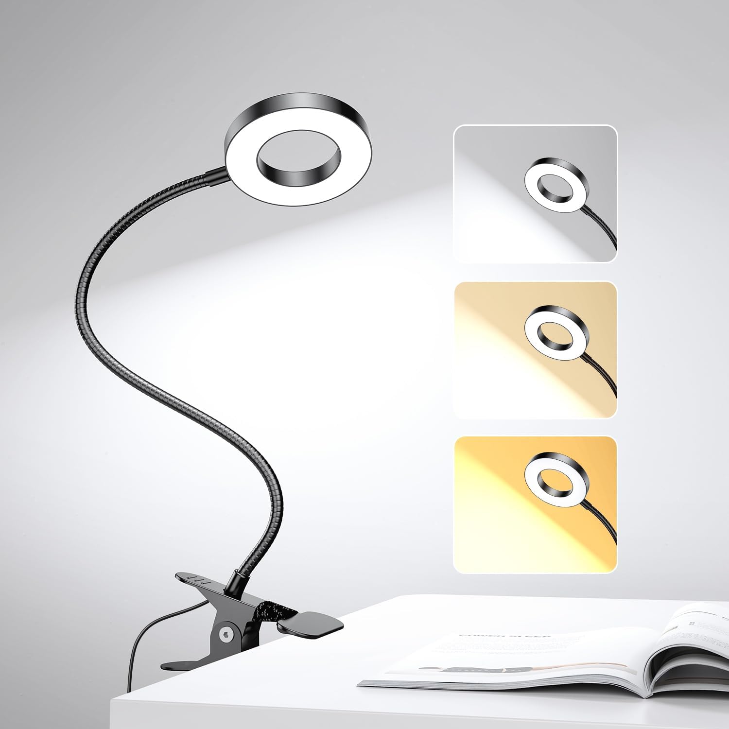 LED Desk Lamp Clip on Light with 3 Color Modes 10 Brightness Ring/Clam