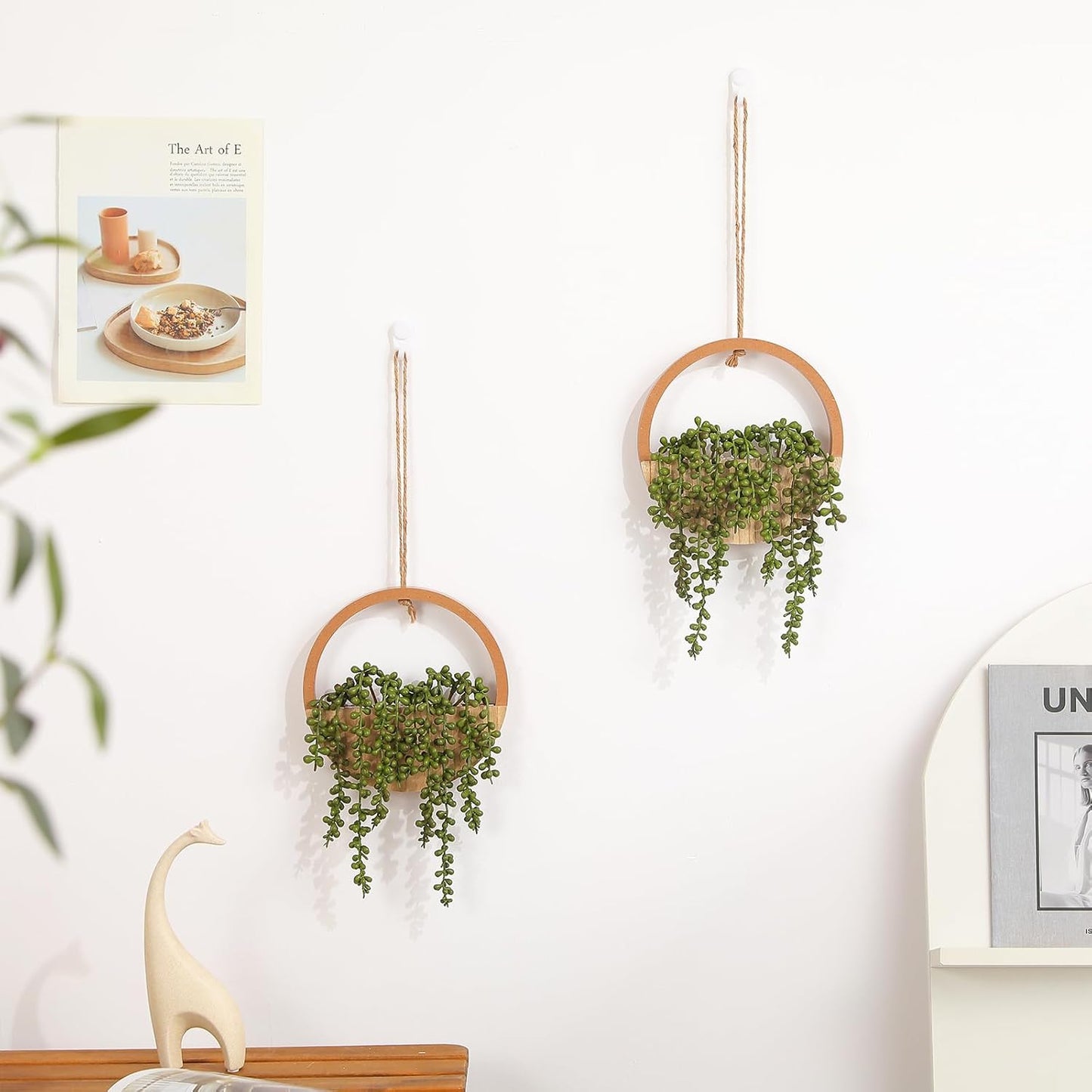 JUSTOYOU 2pcs Fake Hanging Plants Artificial Succulents Wooden Hanging Planter Artificial String of Pearls with Pot and Lanyard for Living Room Bathroom Indoor Outdoor Boho Wall Decor