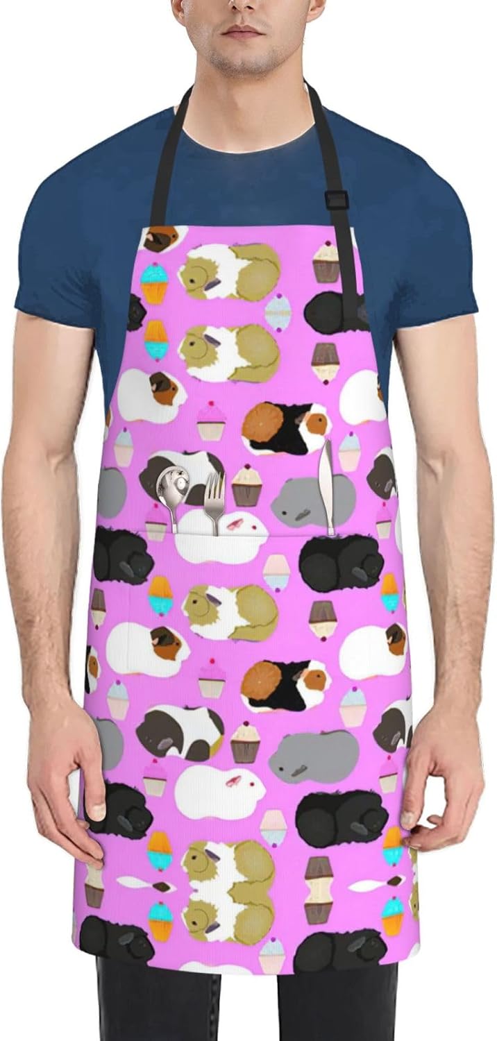Guinea Pigs and Cupcakes Print 28x33 In Adult Kitchen Apron with Pockets Versatile Chef Smock for Cooking Baking