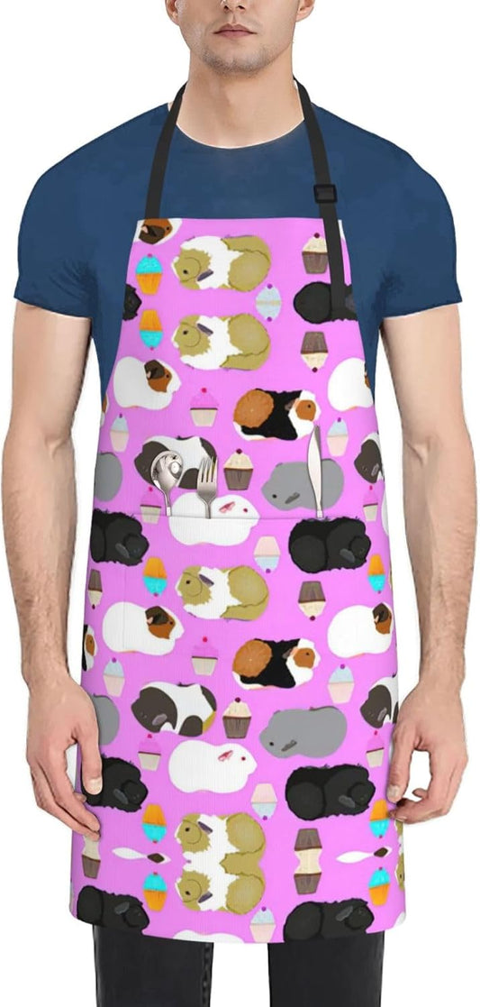 Guinea Pigs and Cupcakes Print 28x33 In Adult Kitchen Apron with Pockets Versatile Chef Smock for Cooking Baking
