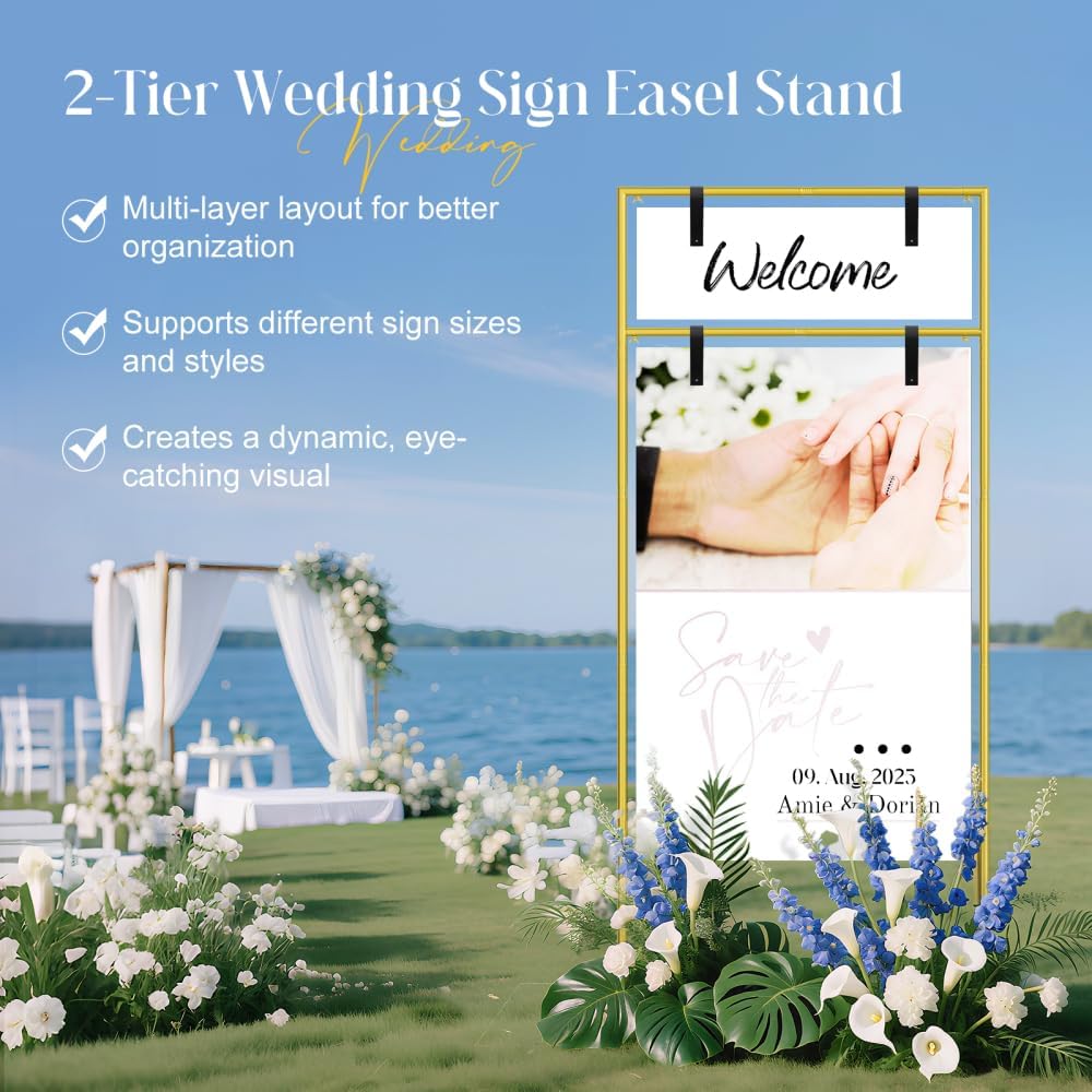 Gold Wedding Welcome Sign Stand 79"x32"x16" - Heavy Duty Metal Easel Display Holder with 2 Pairs of Leather Straps & Satin Ribbon for Wedding, Bridal Shower, Birthday Party, Baby Shower or Any Event