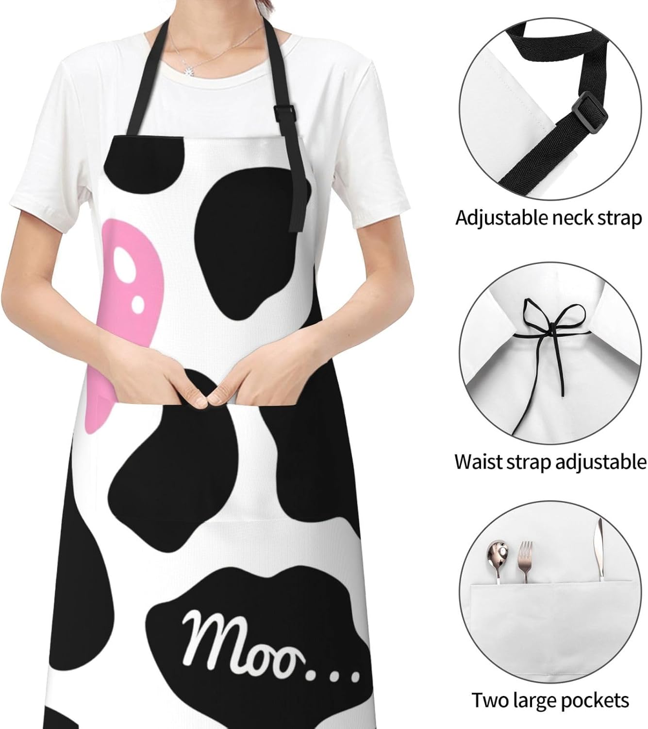 Black White Milk Cow Print 28 x 33in Waterproof Apron with Pockets Fashionable Versatile Smock for Baking