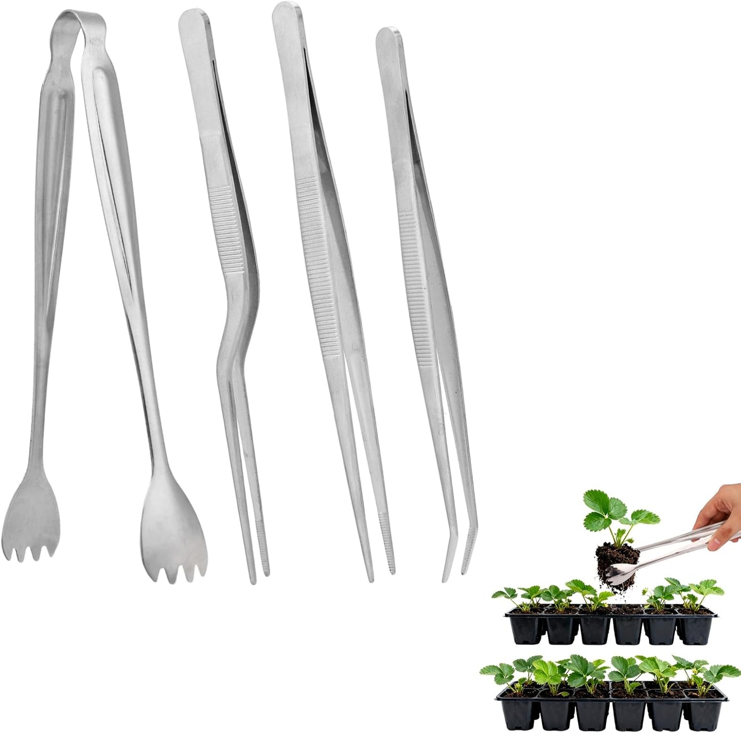 Seedling Transplant Tong & 3pcs Tweezers Set, Stainless Steel Long Thi