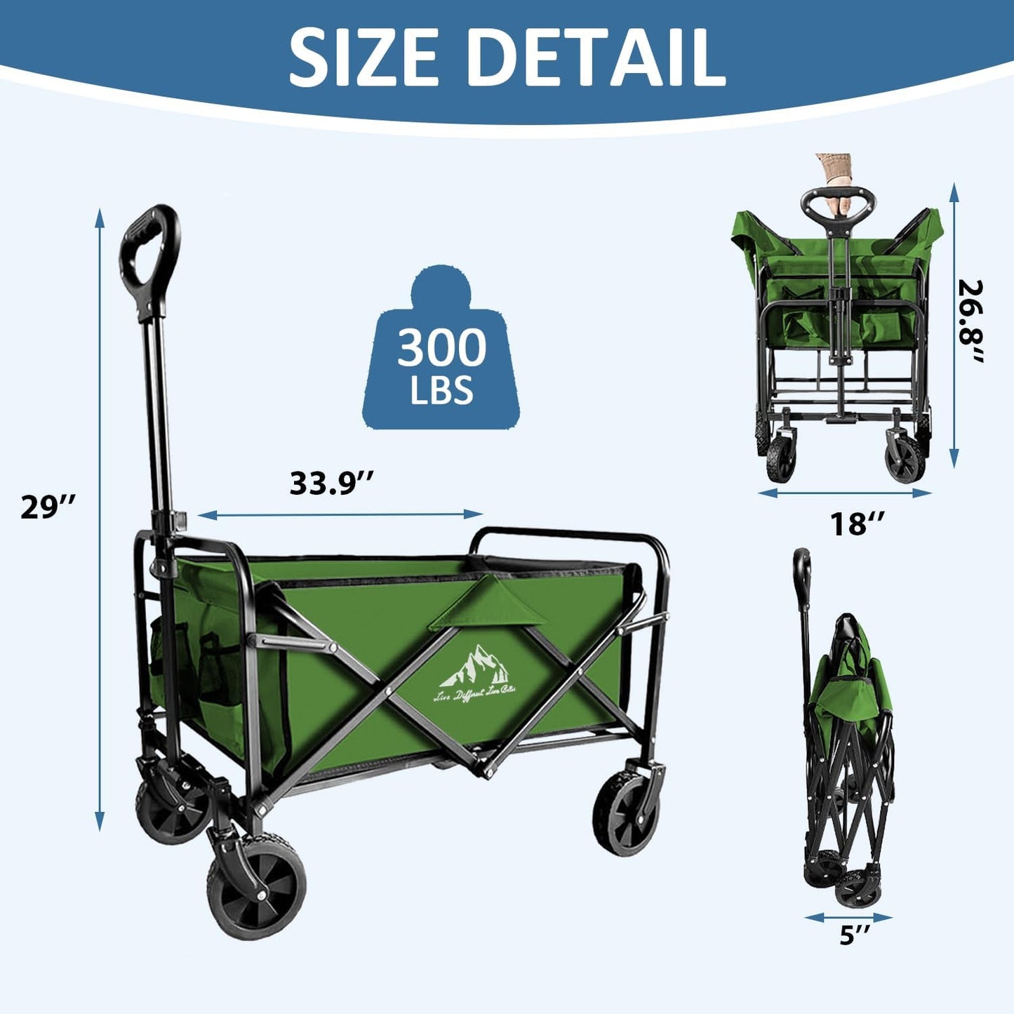 Collapsible Utility Cart Folding Wagon, 320lbs Capacity Lightweight Rolling Cart with Quiet Wheels, Quick-Fold Design for Camping, Shopping, Ourdoor Use, Green