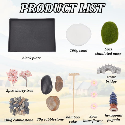 WEBEEDY Zen Garden Kit Japanese Zen Sand Rock Garden Home Office Desktop Accessories Mini Sand Gardens Meditation Gifts Set for Home Office, 8x6in