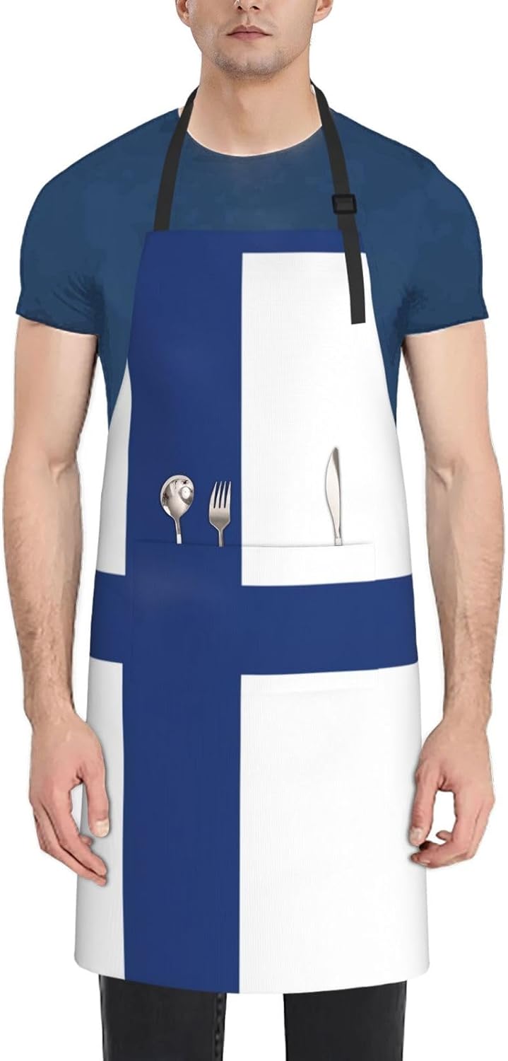 Finnish flag Print 28 x 33in Waterproof Apron with Pockets Fashionable Versatile Smock for Baking
