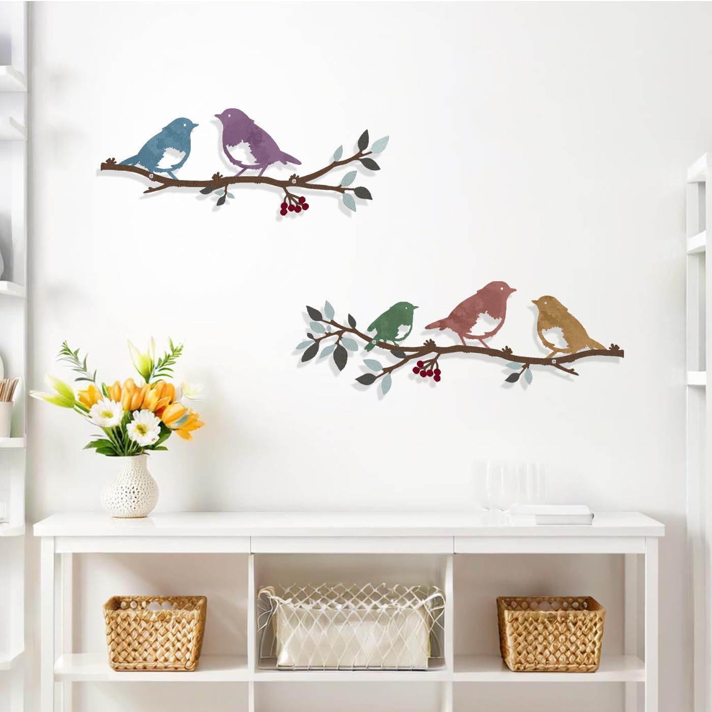 Harikikochuu 2 Pcs Metal Birds Wall Art Decor Robin Bird on the Branch