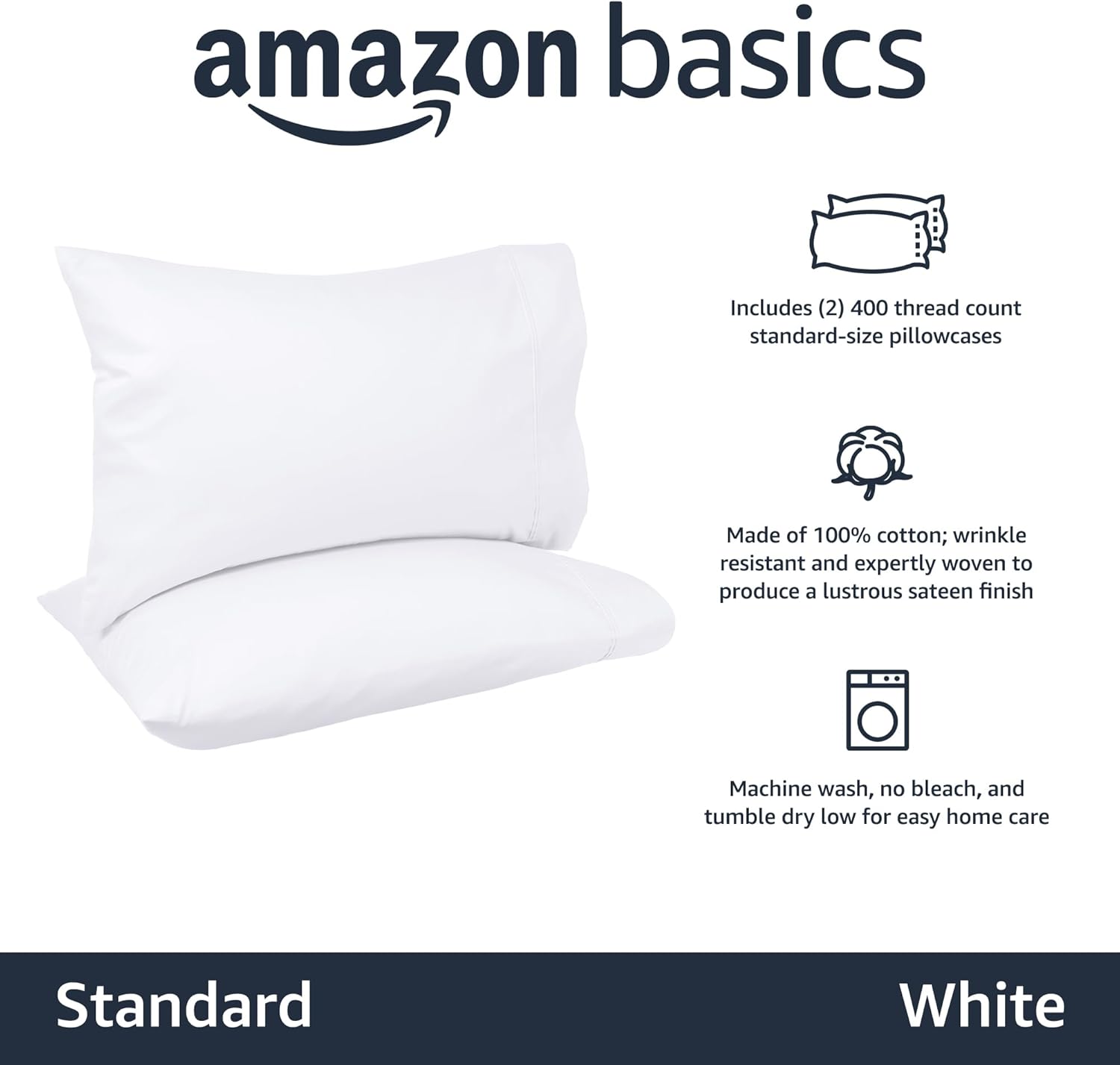 Amazon Basics 400 Thread Count 100% Cotton Pillowcases, Sateen Weave, 