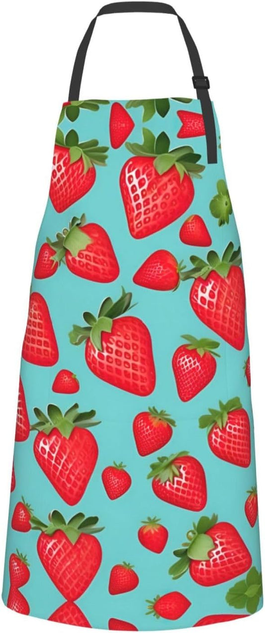 Cute strawberry print Waterproof chef's apron with pocket apron for kitchen cooking baking barbecue and gardening