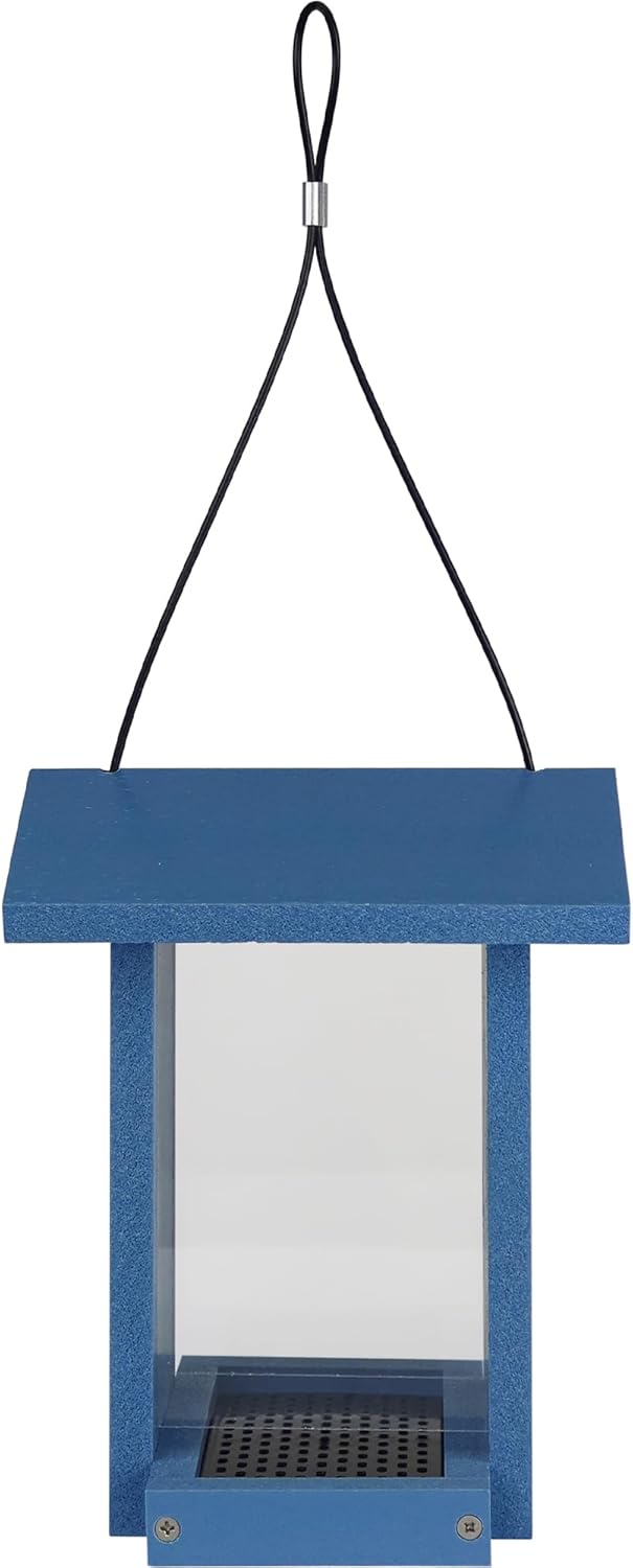 Tasty Tidbit Recycled Plastic Bird Feeder with Fresh Seed Tray for Wild Birds and Outdoor Décor, 0.875 Quart Capacity, Blue