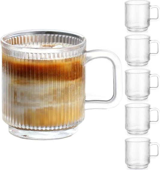 6 PACK Premium Glass Coffee Mugs with Handle, 12 OZ Classic Vertical S
