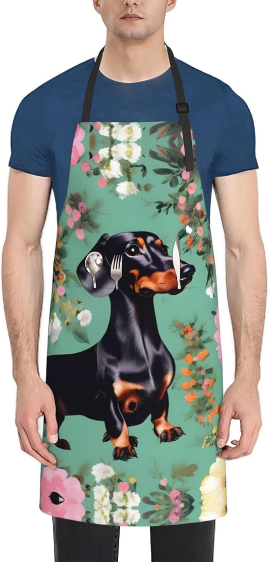 Dachshund Florals print Waterproof apron with pocket adjustable cooking apron for adult kitchen bibs to bake
