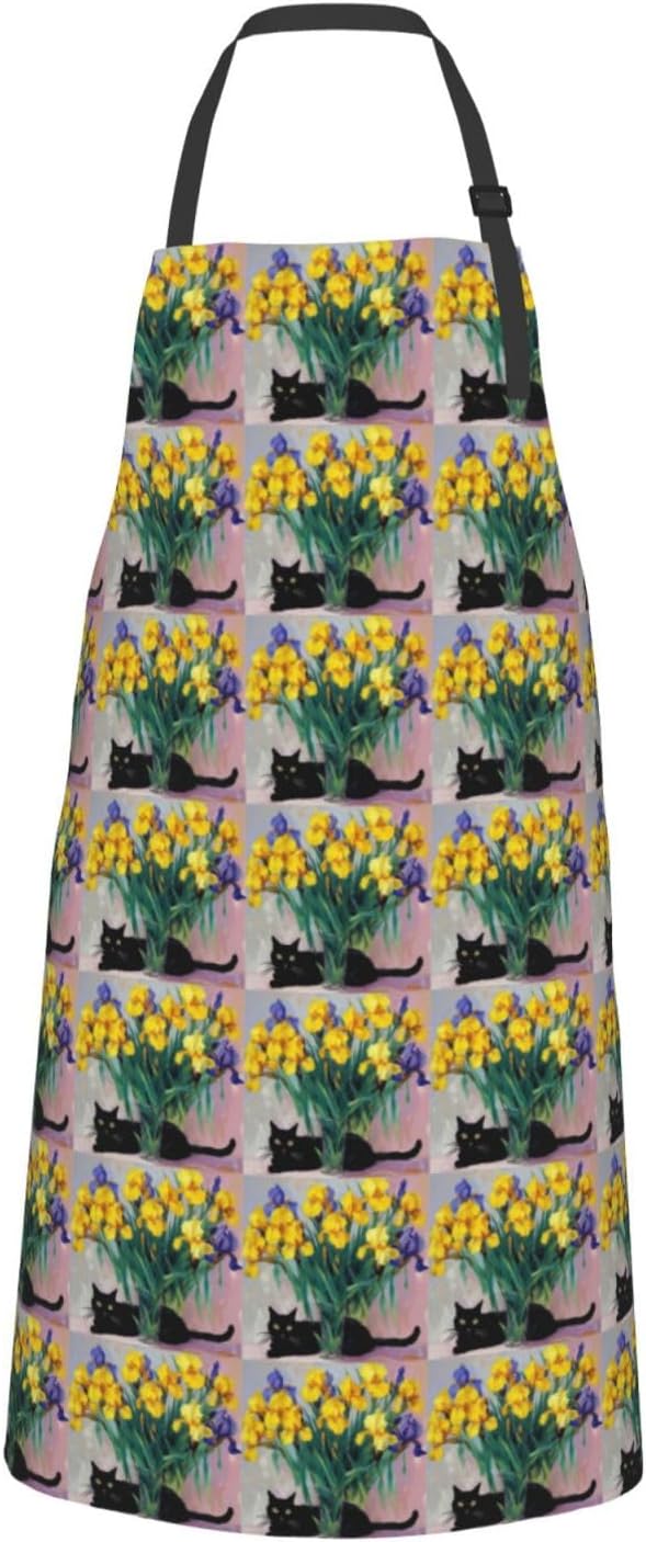 YANYU Cat Flower Embellishment Print 28x33 In Kitchen Apron Stylish Chef Apron with Pockets for Cooking Baking Painting
