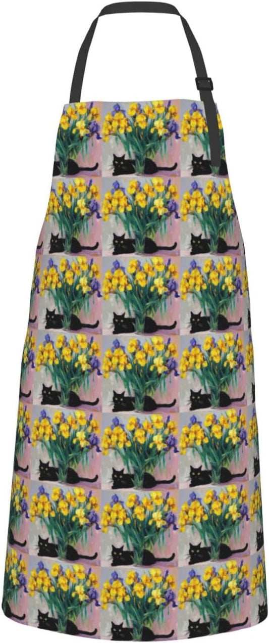 YANYU Cat Flower Embellishment Print 28x33 In Kitchen Apron Stylish Chef Apron with Pockets for Cooking Baking Painting
