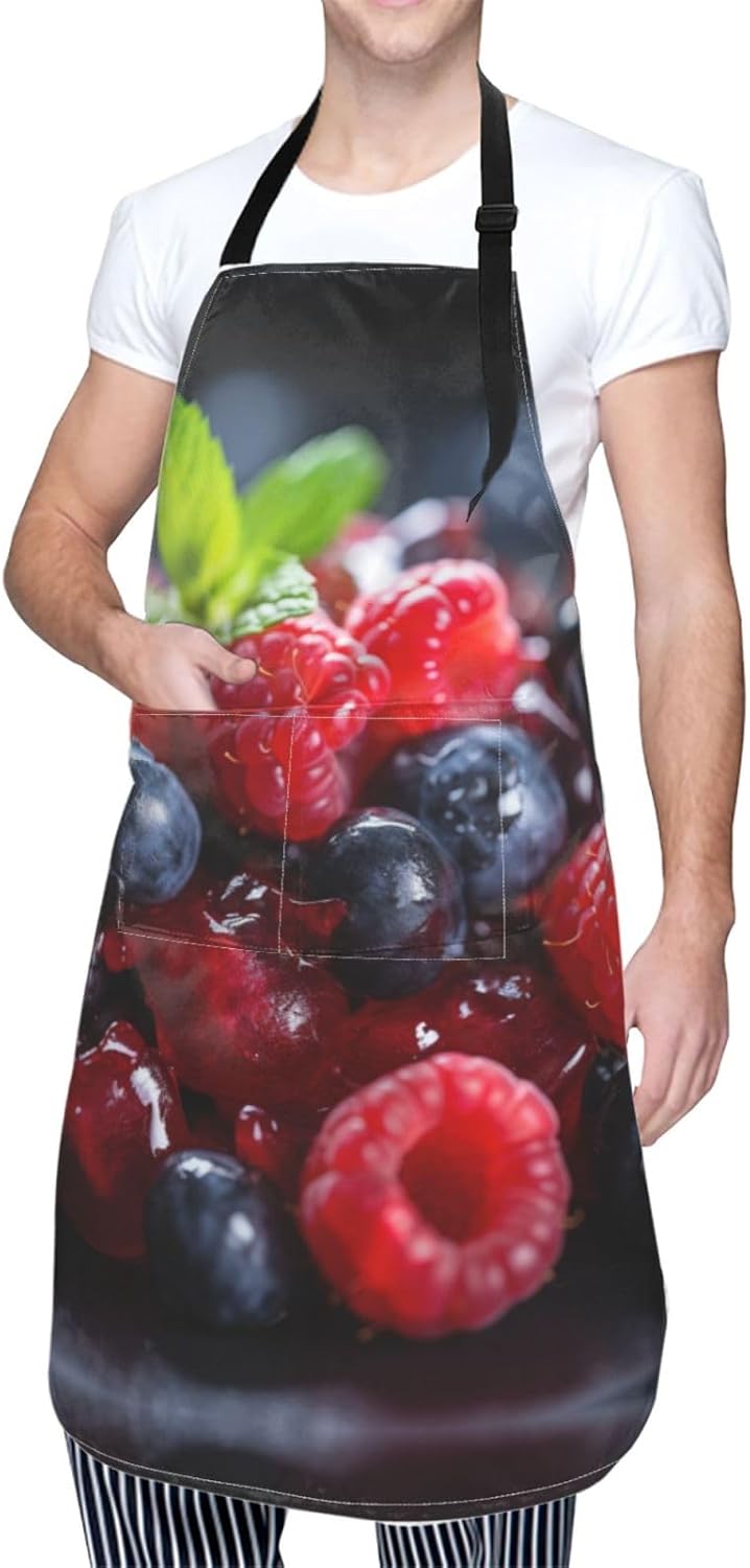fruits on wood print Waterproof apron with pocket adjustable cooking apron for adult kitchen bibs to bake