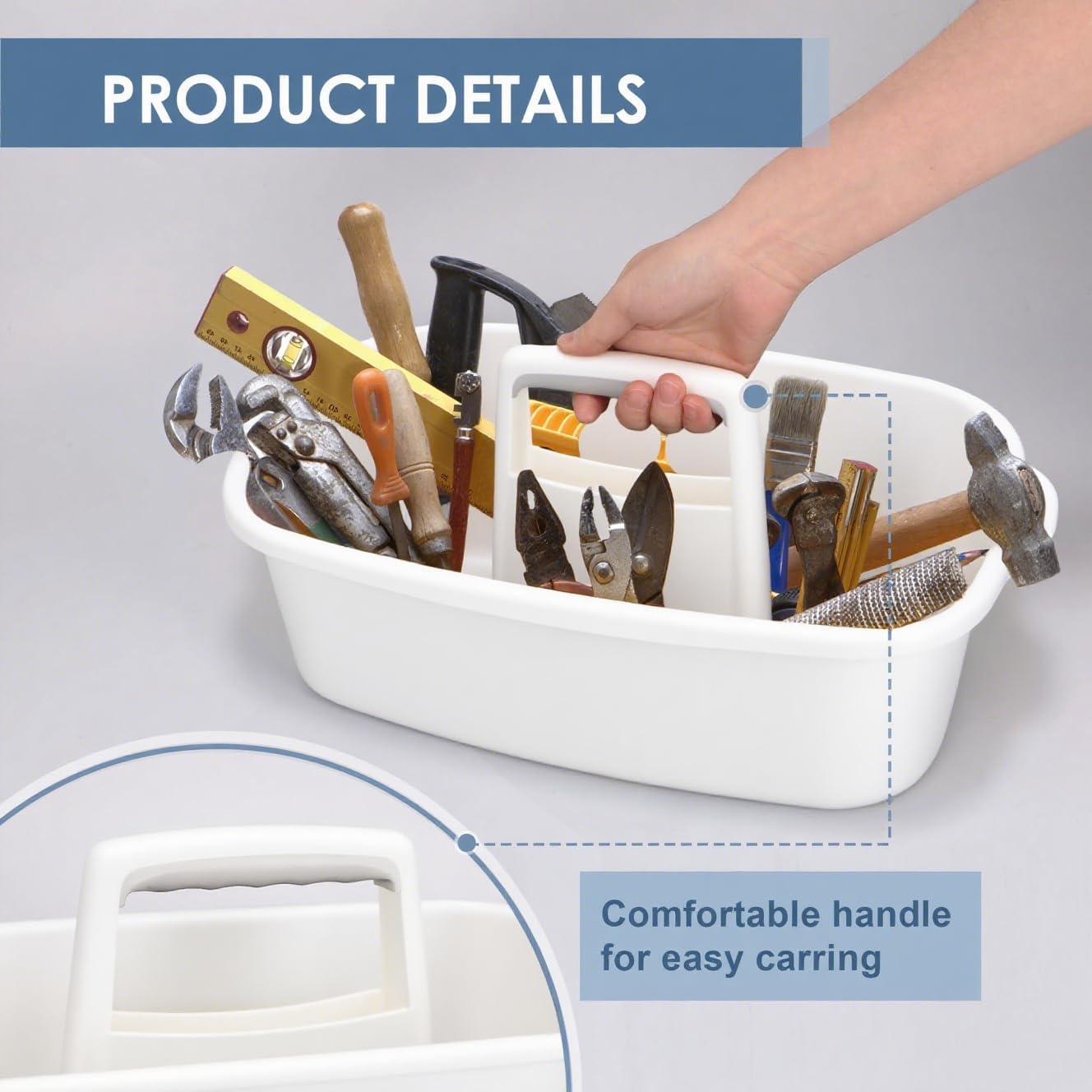 Cleaning Supplies Caddy with Handle, Portable Shower Caddy Organizer Plastic Basket with Handle, Stackable Tool Storage for Bathroom, Garden, Kitchen, Home Organization, White