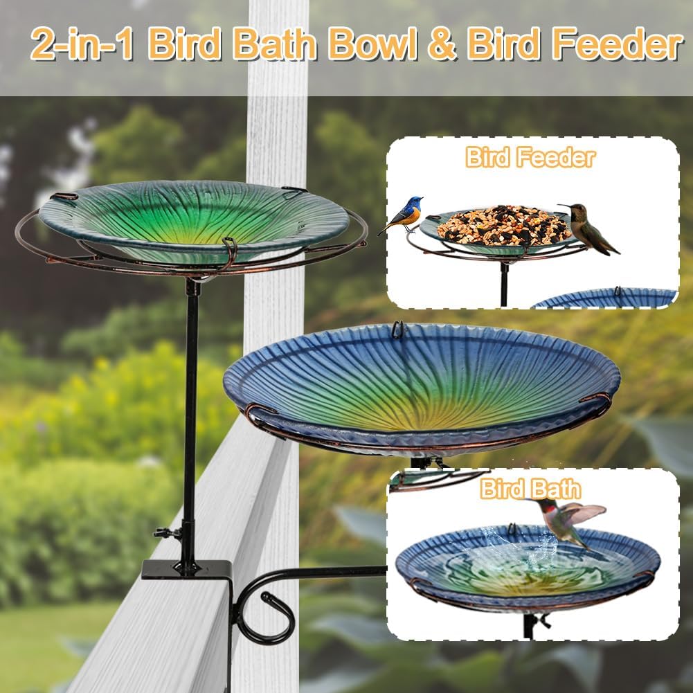 2-in-1 Deck Mounted Bird Bath for Outside Glass Birdbath Bowl & Birdfeeder with Adjustable Sturdy Metal Clamp for Railing Balcony 11" Dia, Blue
