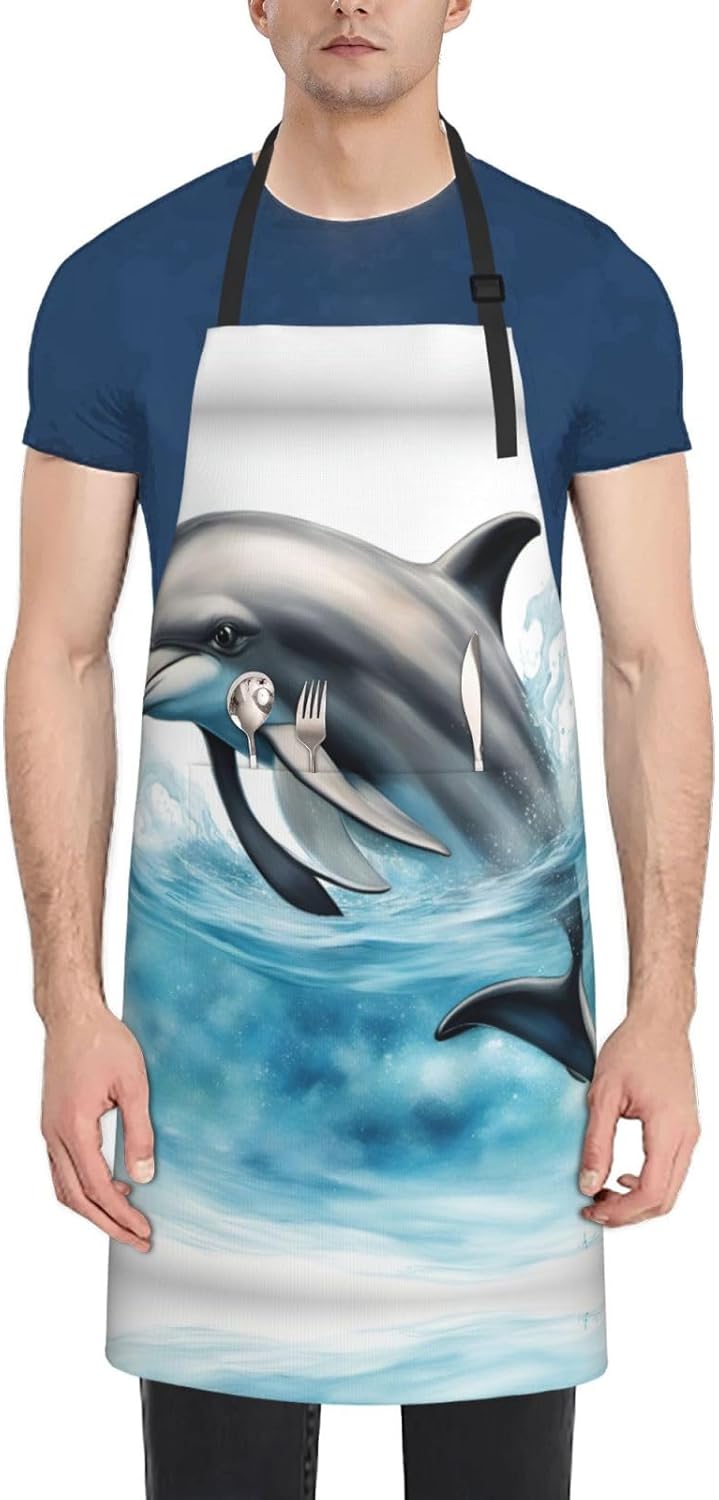 Ocean Dolphin Looking at You print Waterproof chef's apron with pocket apron for kitchen cooking baking barbecue and gardening