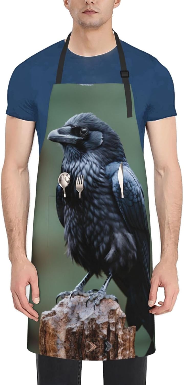 Night crow print Waterproof apron with pocket adjustable cooking apron for adult kitchen bibs to bake