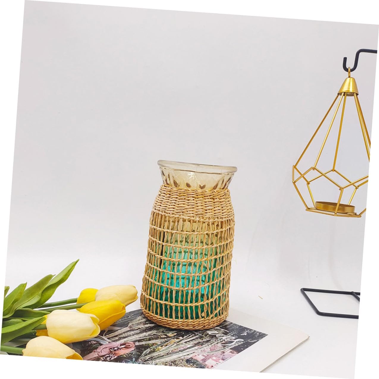 BESTOYARD 2pcs Rattan Woven Glass Flower Vase Set, Wide Mouth Desktop Vase, Decorative Planter Pot for Home and Office Décor, Blue and Burgundy Color, Boho Style