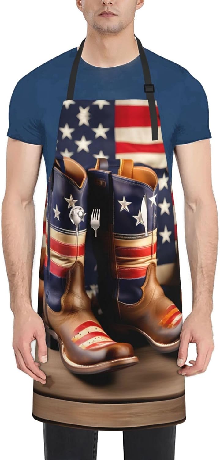 American Flag with Cowboy Boots Print Laundry apron 28x33 In Waterproof Kitchen Apron with Pockets for Cooking Baking