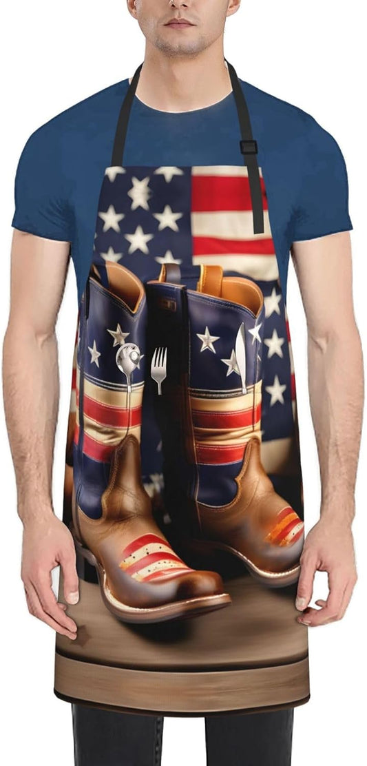 American Flag with Cowboy Boots Print Laundry apron 28x33 In Waterproof Kitchen Apron with Pockets for Cooking Baking