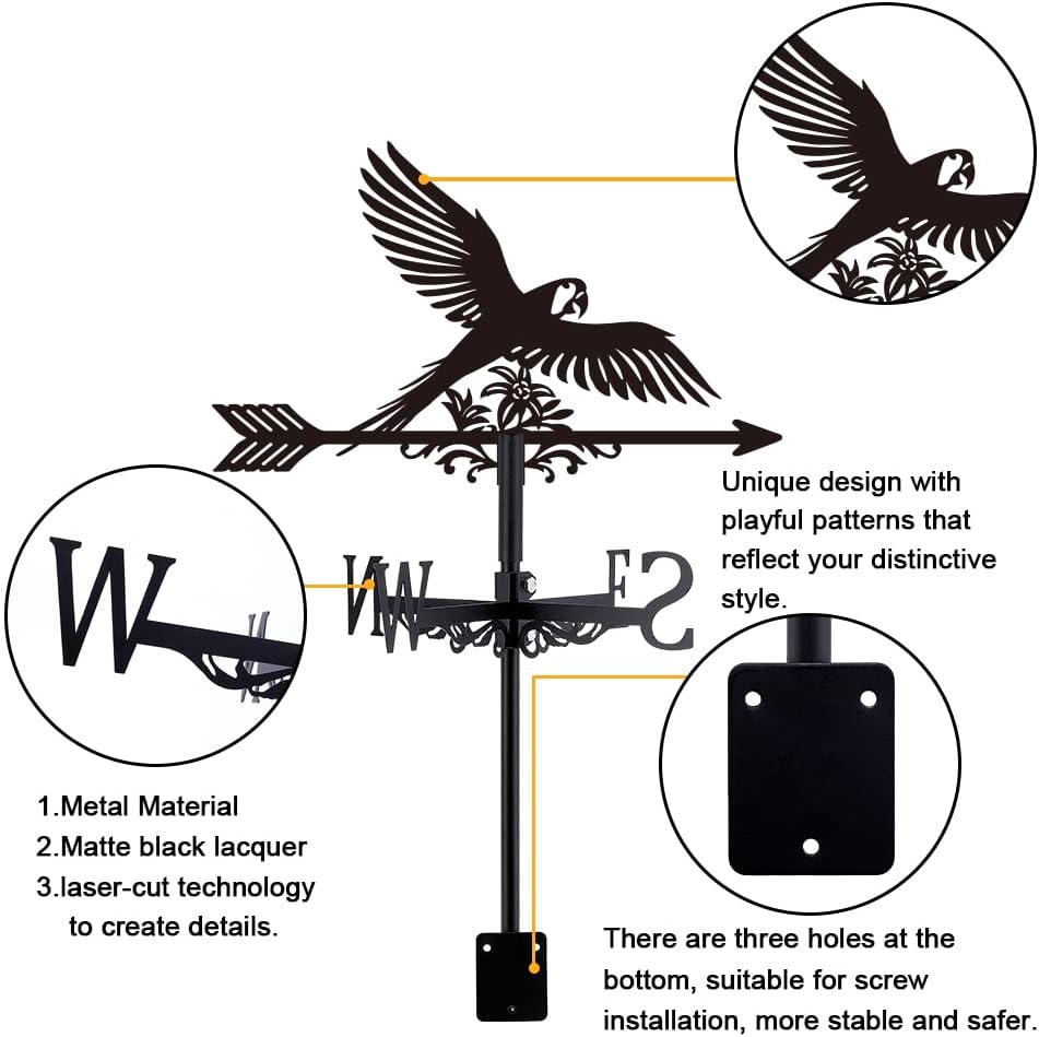 SUPERDANT Parrot Weather Vane Macaw Wind Vanes for Yard Animal Bird with Flower Metal Weathervane Roof Mount for Gardens Outside Black Weathervanes Farmhouse Farm Barn Sheds Patio Decorations
