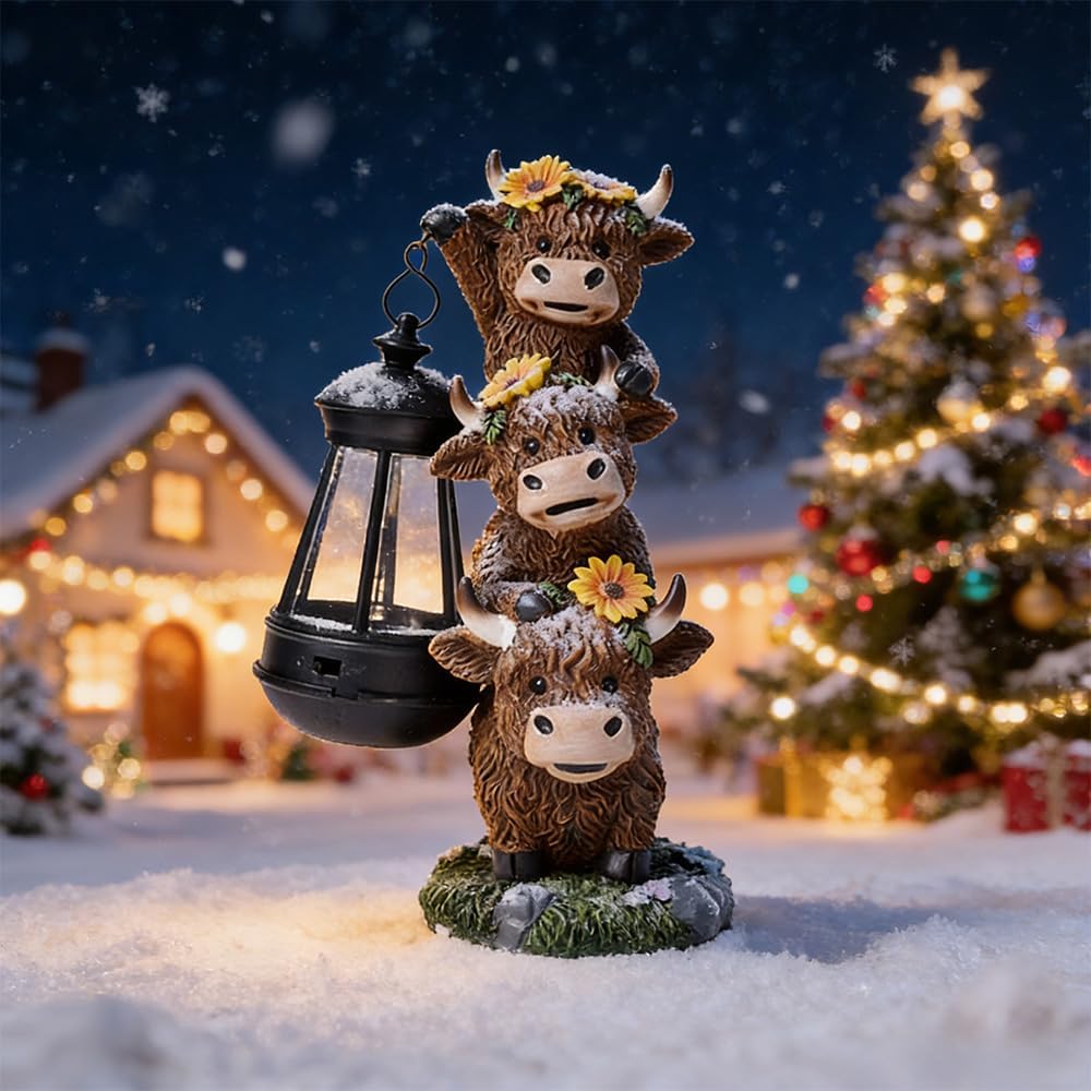 Solar Highland Cattle Night Light Sculpture Outdoor Garden Street Decoration, Cows Decorations Lantern Sculptures for Patio Yard Lawn Walkway Ornaments Clearance Gifts for Mom Grandma Birthday