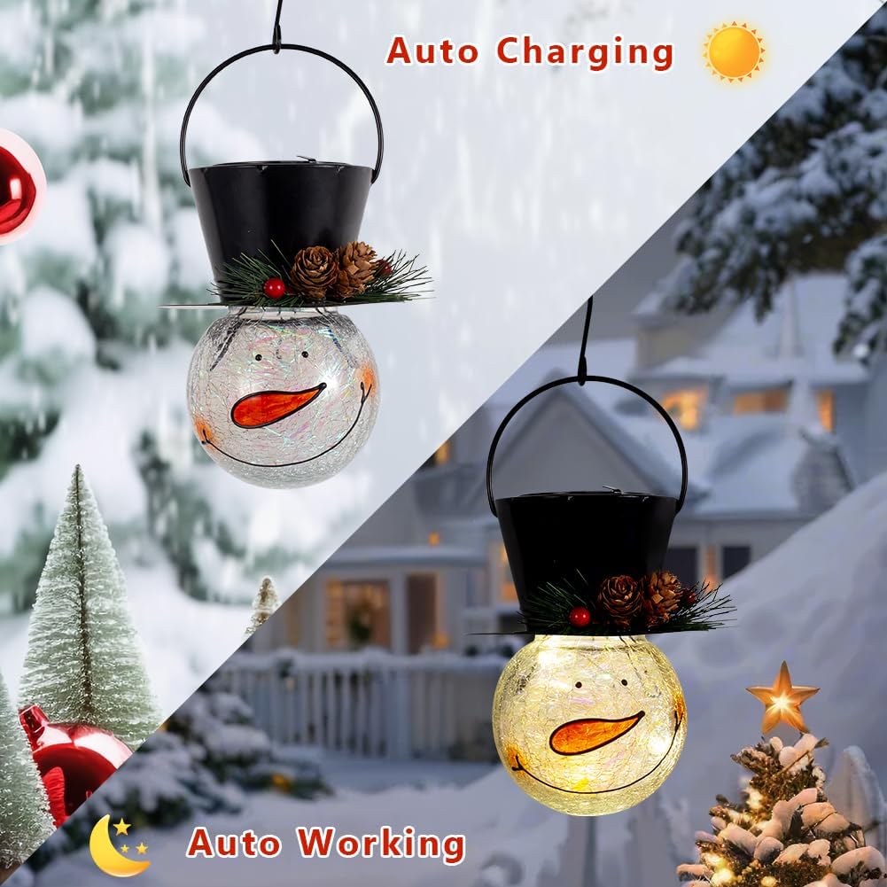 Viveta 2Pack Snowman Solar Lantern,Christmas Outdoor Hanging Lanterns, Waterproof Solar Lantern with Crackle Glass Ball for Garden Patio Yard Decor (Pinecone)
