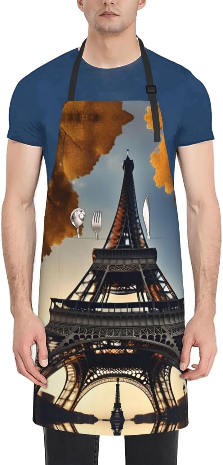 Beautiful Eiffel Tower Paris Print Laundry apron 28x33 In Waterproof Kitchen Apron with Pockets for Cooking Baking