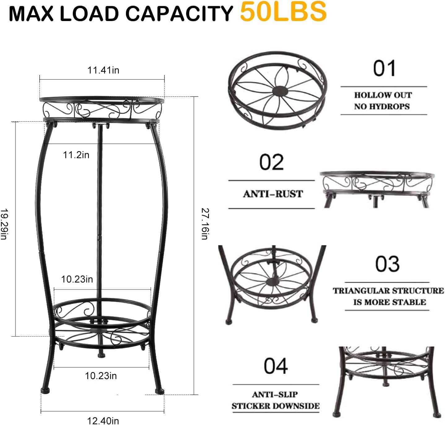 Plant Stand Indoor Outdoor 27.1'', 2 Tier Tall Metal Plant Stands, Hea