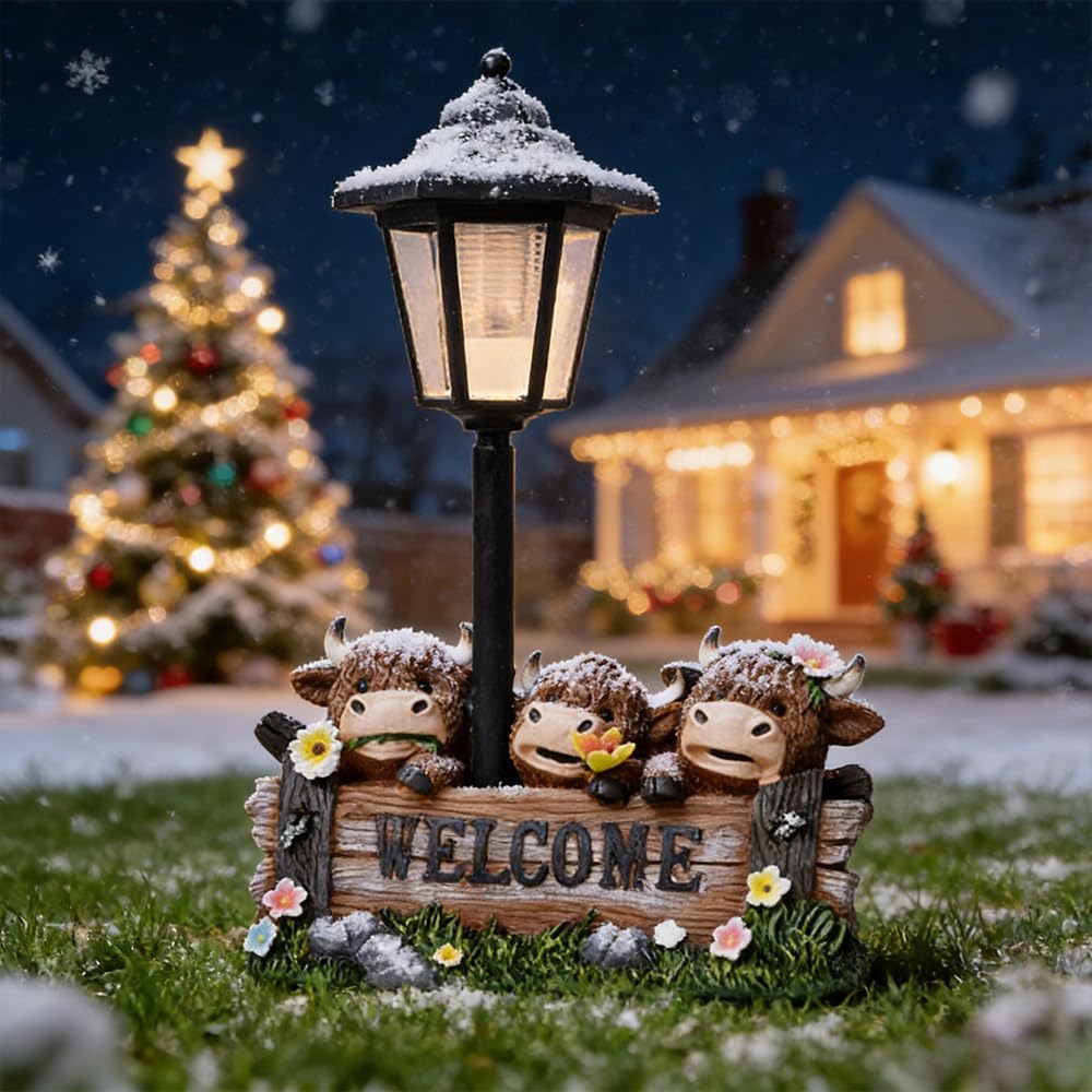 Retro street Highland cow light statue, cute and warm three cows welcome sign decoration, lighting function home decoration item, suitable for placement at the entrance of the courtyard or garden.