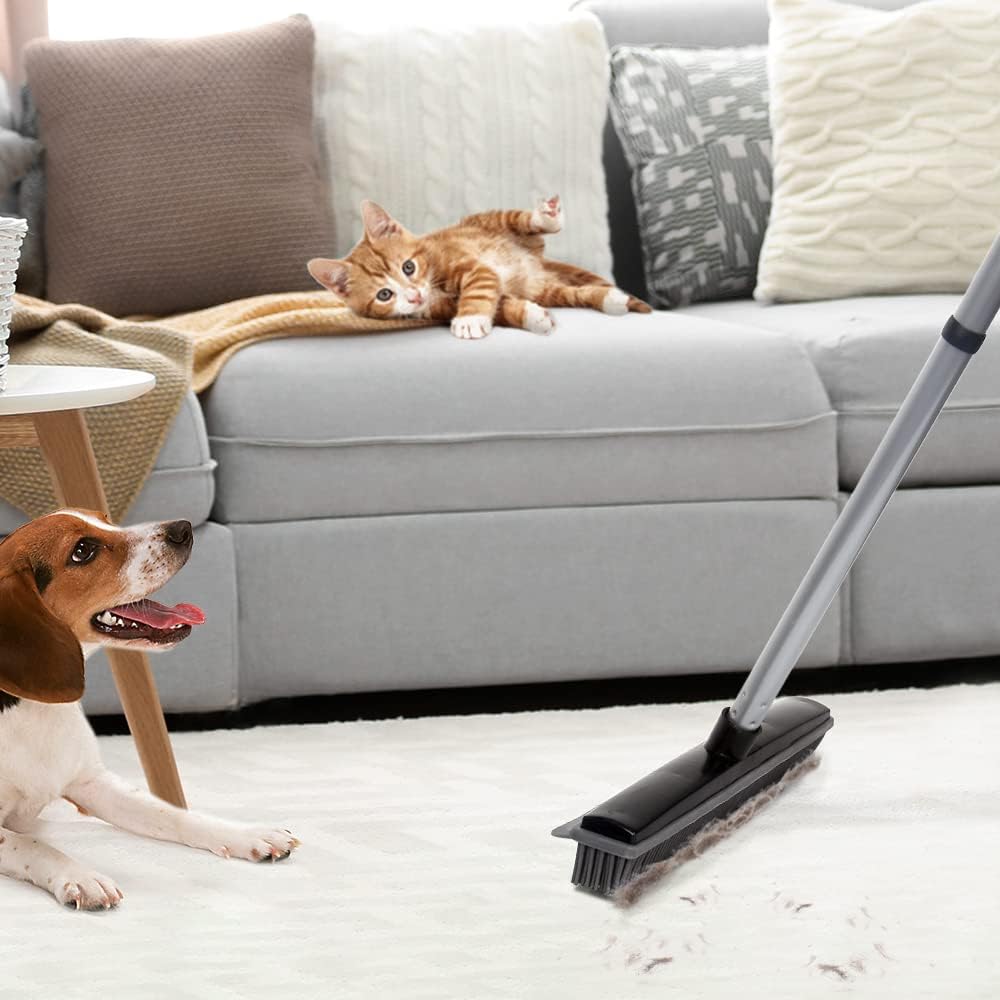 Rubber Broom with Squeegee Fur and Long Handle, Carpet Rake and Lint Brush Set for Pet Dog Cat Hair Removal Tool, Sweeping Rug Brush Indoor Outdoor,Push Broom for Soft Carpet,Tile,Wooden Floor