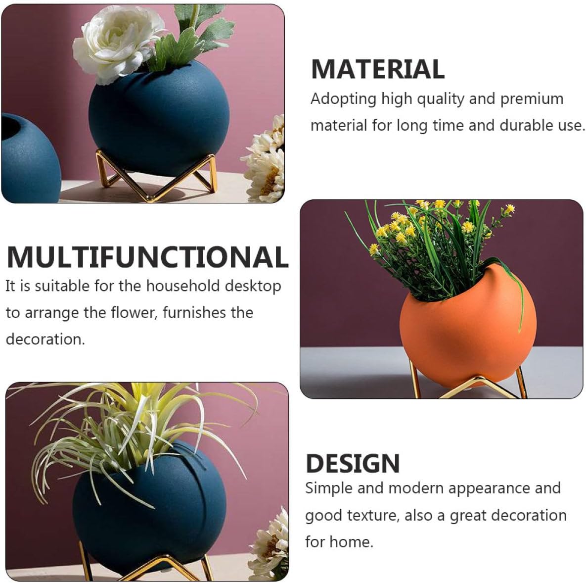 FAVOMOTO Nordic Ceramic Flower Vase Set 2pcs with Iron Frame Spherical
