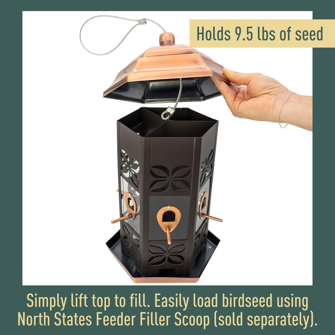 North States - Copper Hexagon Birdfeeder: Copper Bird Feeder for Outdoors, Holds 9.5 Pounds of Seed