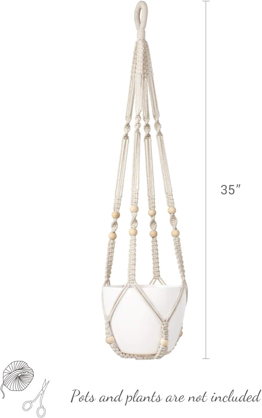 Mkono Macrame Plant Hanger Indoor Hanging Planter Basket with Wood Beads Decorative Flower Pot Holder No Tassels for Indoor Outdoor Boho Home Decor 35 Inch, Ivory, Set of 1 (POTS NOT Included)