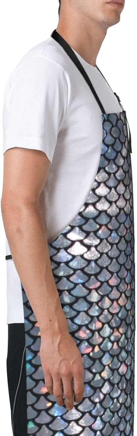 Silver fish scale print Waterproof apron with pocket adjustable cookin