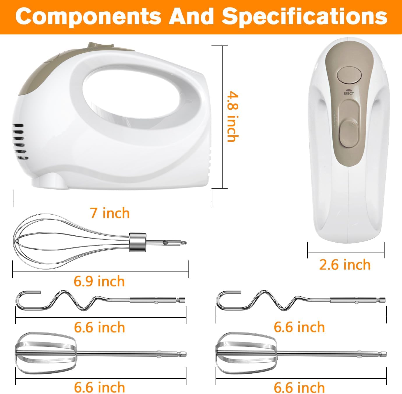 Hand Mixer - 5 Speed Portable Kitchen Mixer Electric Handheld with 5 Stainless Steel Accessories Whisk, Food Beater, ‌Ivory