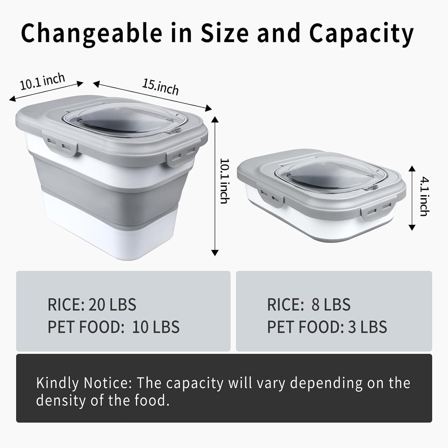 Rice Storage Container, Collapsible Airtight Food Storage Containers 6-20 Lbs, Rice Dispenser with Measuring Cup and Small Bin for Flour Cereal Pasta Grain, Cat Pet Dog Bird Food Container