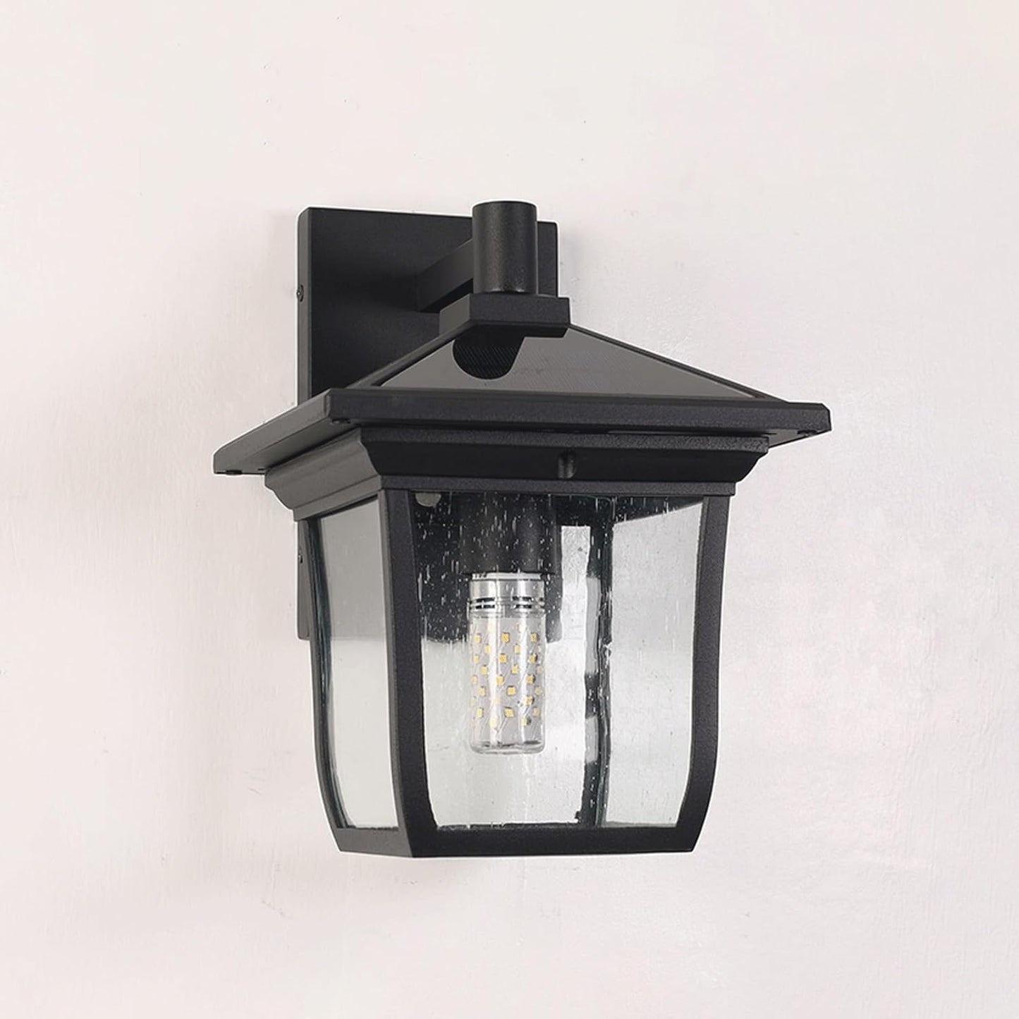 Solar Outdoor Wall Lantern, Black Dusk to Dawn Die-Cast Aluminum Sconce with Glass, Traditional Exterior Wall Mounted Lamp for Porch, Patio, Garden, Entryway, Weather Resistant Cottage
