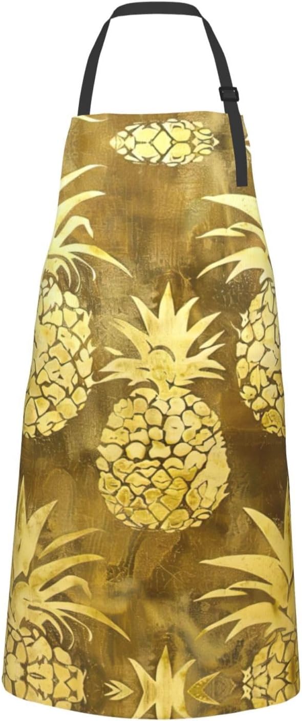 gold pineapple background print Waterproof chef's apron with pocket apron for kitchen cooking baking barbecue and gardening