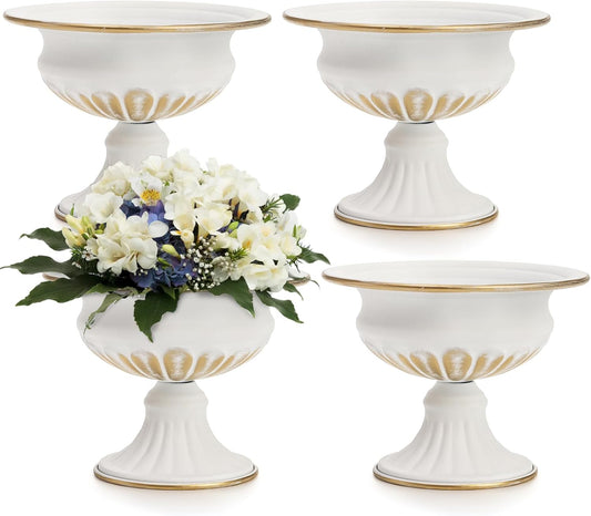Suwimut 4 Pieces Mini Sized Metal Urn Planter, White Elegant Wedding Centerpieces Vase, 4.72 Inch Tall Trumpet Vase Flower Holder for Anniversary, Ceremony, Wedding Party Decoration