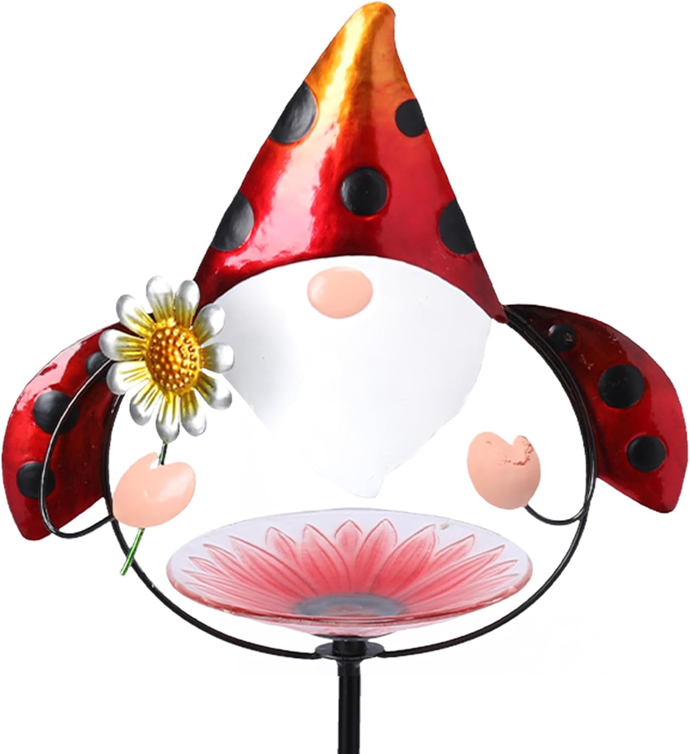 MUMTOP Glass Bird Baths for Outdoors, 32 Inch Height Small Garden Gnome Birdbath Bird Feeders Unique Metal Ladybug Gnomes Decorative for Outdoor Outside Yard Lawn, Red