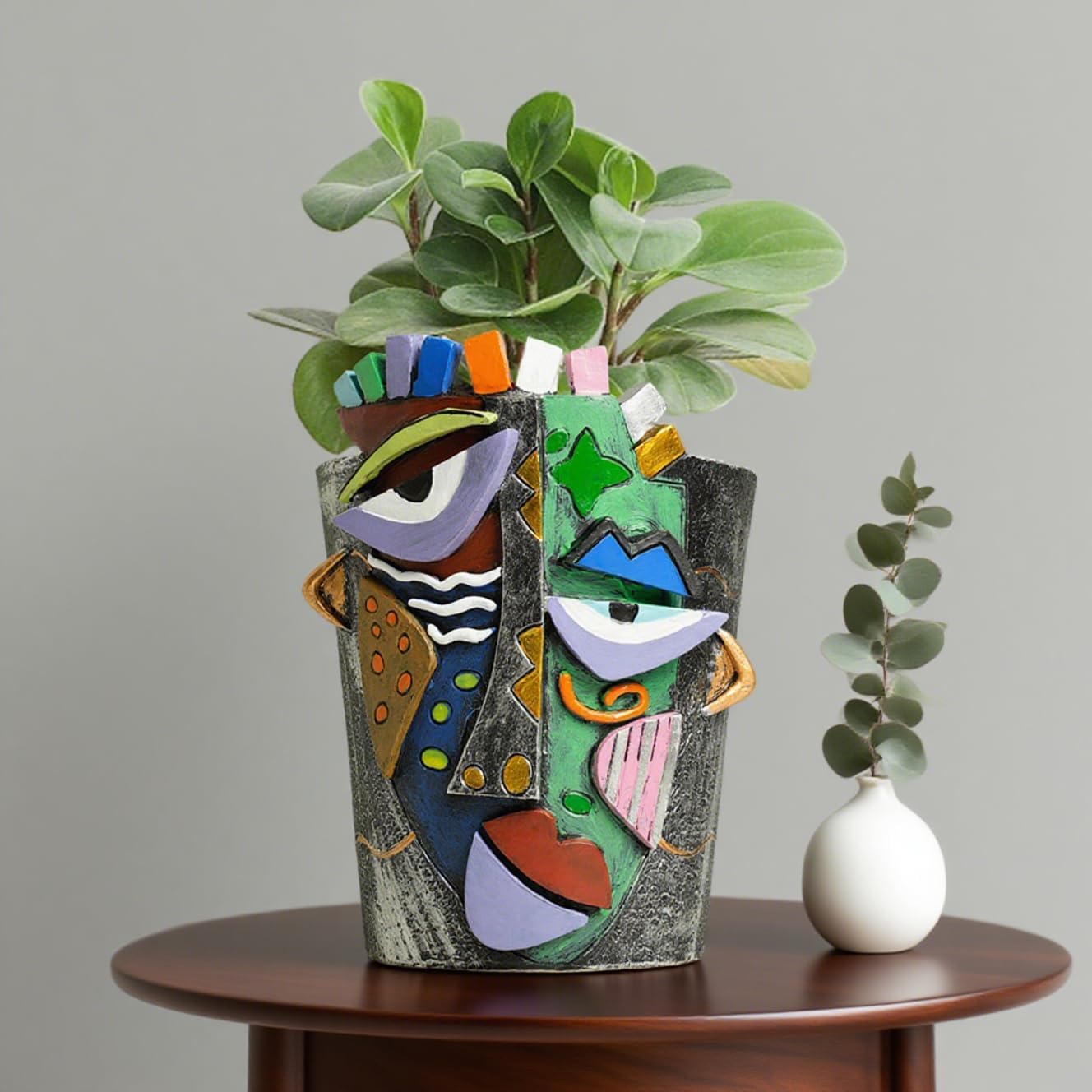 Abstract Face Planter Pot, Picasso Head Vase for Home Decor, Flowers Pot for Garden and Backyard (Gray Face)