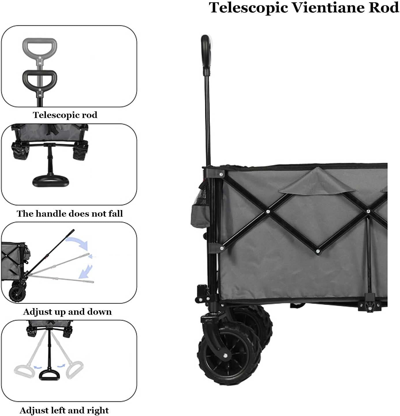 Foldable Outdoor Utility Trolley Portable Garden Cart Pull Rod to Pull Goods Heavy-Duty Four-Wheel Steel Sports Wagon Suitable for Courtyards Beaches and Shopping