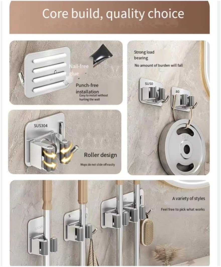 3-piece Stainless steel broom and mop multifunctional bracket hook - self-adhesive, no drilling required - universal for kitchen, bathroom, and garden (silver)