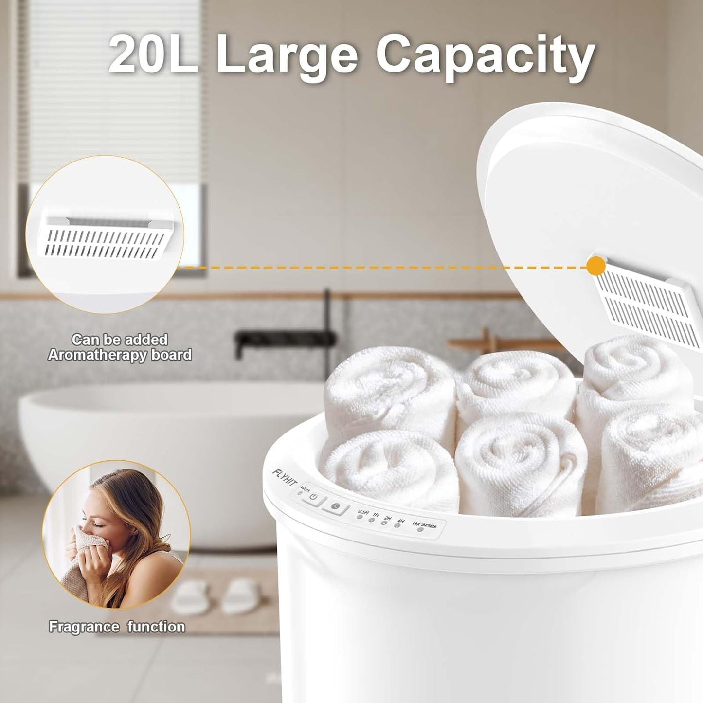 Large Towel Warmer for Bathroom - Heated Towel Warmers Bucket, Wood Handle, Auto Shut Off, Fits Up to Two 40"X70" Oversized Towels, Bathrobes, Blankets, for Mother's Gifts, White